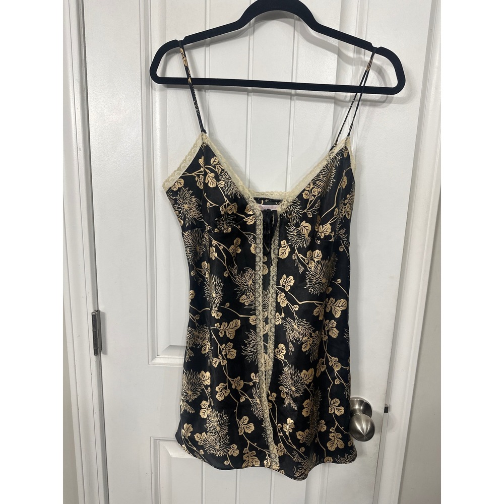 Victoria's Secret Y2K Black Gold Floral Satin Lace Trim Chemise Nightgown Medium